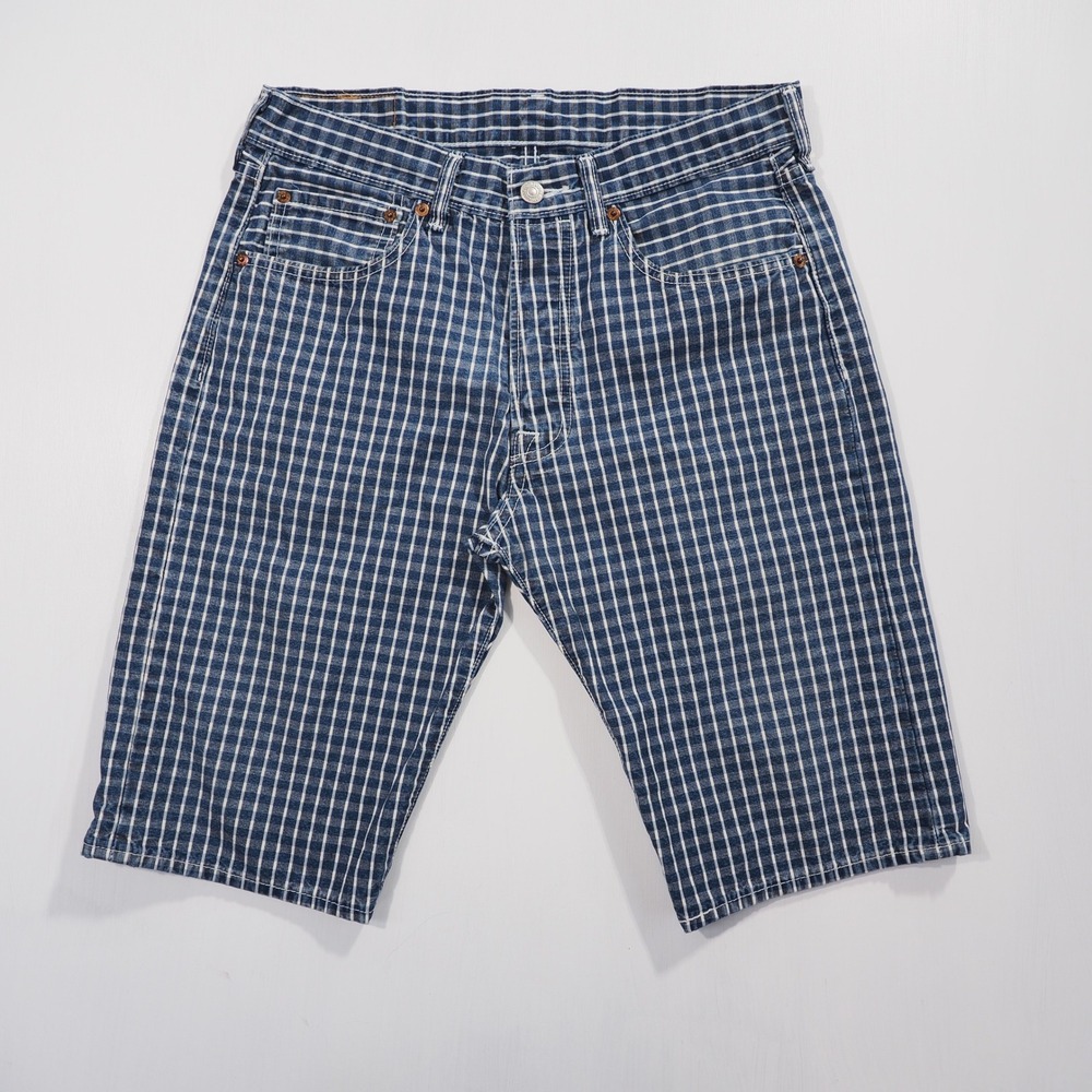 Levis 501 Shorts Mens 32 Blue Checkered Grid Denim Button Fly Streetwear Jorts